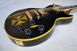 Guitarra elétrica preta brilhante personalizada de fábrica com estilo relíquia Rosewood Fingerboard Gold Hardwares White Pearl Fret I 369