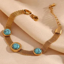 Charm Bracelets 316 Stainless Steel Round Blue Turquoise Woven Mesh Bracelet For Women Waterproof Dweatproof Non-fading Jewelry Wholesale