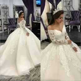 Luxuriöse Prinzessin U-Ausschnitt Spitze Tüll Hofschleppe Brautkleider Applikationen Perlen Langarm Ballkleid Brautkleider