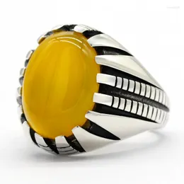 Cluster Rings Yellow Agate Stone Ring For Men 925 Sterling Silver Punk Desgin Natural Gemstone Vintage Turkish Handmade Jewelry Gift