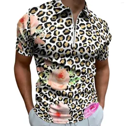 Herrpolos blommor leopard guld casual t-shirts rosa persika tryck polo skjortor cool skjorta datum kort ärm anpassade toppar stor storlek