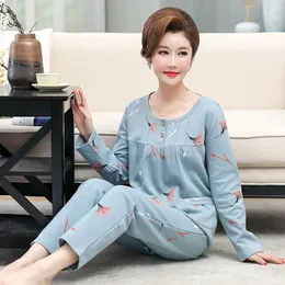 Kvinnors sömnkläder vår bomull Kvinnor pyjamas sätter lång ärm rund hals casual lös mjuk m-4xl pajamas femme blommor pijamas mujer