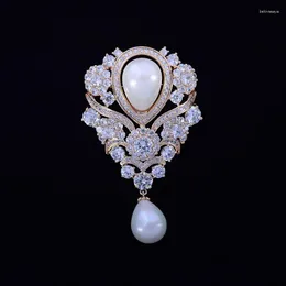 Brooches Art Nouveau Antique Micro Pave Cubic Zirconia White Imitated Pearl Dangle Pear-Shaped Brooch Pins For Wedding Jewelry Broche Pin