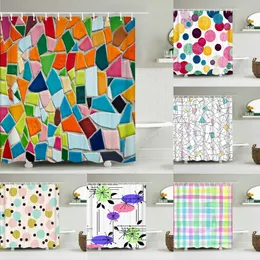 Cortinas de chuveiro simples colorido padrão geométrico tecido cortina de chuveiro cortinas de banheiro redondo mosaico impermeável tela de banho com 12 ganchos 230826