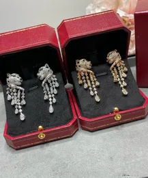 Luxury Dangle örhängen Full Crystal Brand Designer Leopard Head Long Tassel Chain Crystal Charm Drop örhängen för kvinnors smycken med låda