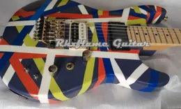 Rzadkie Kram Edward van Halen Białe czerwonocze niebieskie żółte paski Pacer Sustainer Electric Guitar China Emg Pickup Floyd Rose Tremolo Bridge Gold Hardware