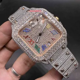 Mrożone diamentowe zegarki mężczyzn 2Tone Rose Gold Case Rainbow Roman Numerals Scale Baguette Stones Bezel Nowy trend hip-hop zegarek automatyczny