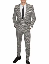 Ternos masculinos Blazers Ternos masculinos Notch Lapel Dois botões Noivo 3 peças Houndstooth xadrez smoking para casamento / negócios / festa BlazerVestPants 230826