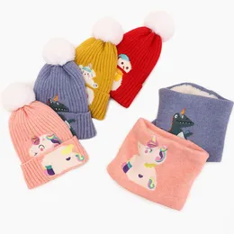 Caps Hats Childrens Hat Set Autumn and Winter Dinosaur Unicorn Baby Knitting Cap Cartoon Scarf Warm Wool 230826