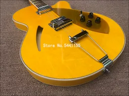 330 360 370 6 Sznurki Żółty ogień GLO pół pustej ciała elektryczna gitara Single F -Overa Checkerboard Gold Gold Pickguard Gloss Lacquer Triangle Triangle