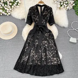 Basic Casual Dresses Elegant Lace Patchwork Lace-up V-neck Women's Dress Short-sleeve High Waist A-line Summer New Female Dresses 2024