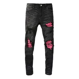 Mäns jeans EU DRIP Denim Men's Black Distressed Mustasch Slim Fit Damaged Holes Pink Ribs Patches Stretch Repade Ripped Jeans 230827