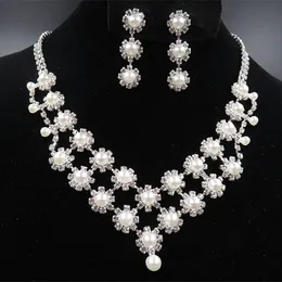 Romantic Pearl With Crystal Cheap Two Pieces Earrings Necklace Rhinestone Wedding Bridal Sets Jewelry Set