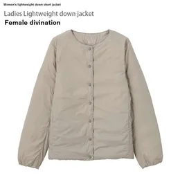 Leichte Daunenjacke im japanischen Stil, schlanke Daunenjacke für Damen, kragenlos, für Zuhause, warm, eng anliegend