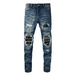 Jeans da uomo Baffi blu invecchiati con toppe a costine EU Jeans gocciolanti italiani con fori danneggiati Jeans strappati elasticizzati slim fit 230827