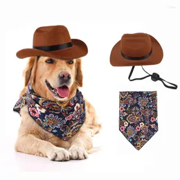 Abbigliamento per cani Cappello per gatti per animali domestici Cappello da cowboy occidentale regolabile con bavaglini a triangolo retrò Cappello da sole per esterni Costume Po Prop Accessori