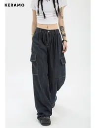 Women's Jeans Autumn Women Harajuku Cargo Baggy Blue Jeans Streetwear Hip Hop Oversize Casual Wide Leg Vintage Demin Pants Y2k Loose Trousers 230826