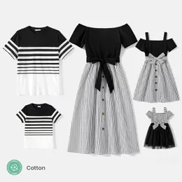 Familjsmatchande kläder Patpat Cotton Striped Short Sleeve T -skjortor och Off Axel -bälte splickade klänningar Set 230826