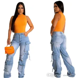 Nowe jesieńskie designerki dżinsy trójwymiarowe multi torbowe spodnie dżinsowe