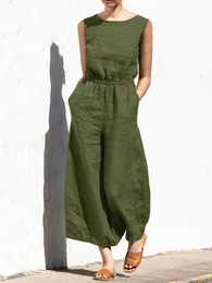 Women's Jumpsuits Rompers Summer Loose Solid Women Jumpsuits Summer Sleeveless O Neck Cotton Linen Romper Fashion Lady Elastic Waist Office Overall 230828