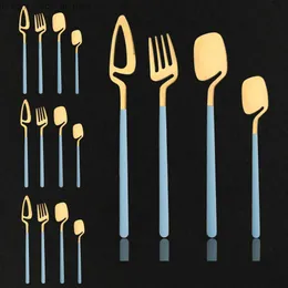 16pcs mavi altın çatal bıçak takımı seti ayna renkli sofra takımı seti 304 paslanmaz çelik yemek takımı seti mutfak altın sofra takımı q230828