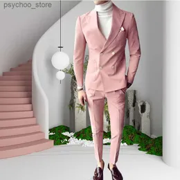 Pink Fashion Sunshine Men Suits Double Breasted 2 Pieces (Jacket+Pants) Peaked Collar Slim Fit Suits For Wedding Party Tuxedos Q230828