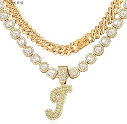 Lucopsny 2pcs Cuban Link Chain for Women Cursive Silver Initial Necklace Cuban Link Necklace for Women Hip Hop Iced Out Chain Necklace Bling Diamond 14mm Cuban Chain L
