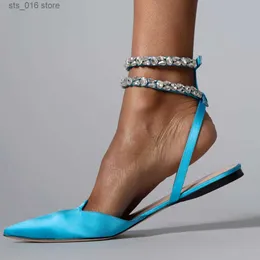 Tornozelo sapatos planos de verão tira de cristal mulheres deslizam sandálias pontiagudas de moda de moda de noite vestido de noite