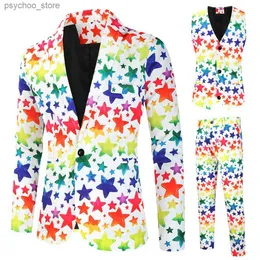 Plus Size 4XL Come Homme 3 Pices Rainbow Star Printed One Button Suits for Men Party Stage Wear Mens Blazer + Vest + Pants Q230828