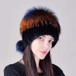 2023 Women's Real Mink Fur Hat Knitted Cap Beanie Ski Warm Outdoor Skull Hat W Silver Fox Ball Pom