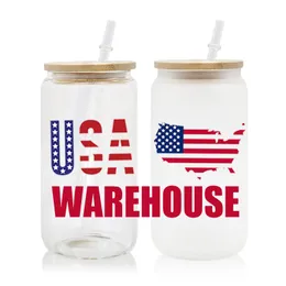 USA CA 16oz återvunnet i bulk dubbelvägg Iced Coffee Boba Bilia Glass Tumbler med halm och bambu lock