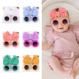 Barn solglasögon pannband set småbarn elastiska båghårband stora bowknot 2 st/set rund solros sommar boho söt härlig blomma ihåliga båghårtillbehör