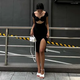 Casual Dresses Women's Temperament Evening Short-sleeved Hollow Slit Short Dress 2023 Summer Fashion Black Sexy Babes Skirt