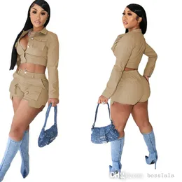 Kvinnor Pants Passar New Spring Autumn Casual Sports Two Piece Set Solid Color Long Sleeve Crop Top and Shorts Outfits