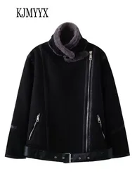 Skóra damska sztuczna kjmyyx kurtka zimowa płaszcz żeńska gęsta i ciepły pasek kobiety mody streetwear beżowy beżowy czarny 230828