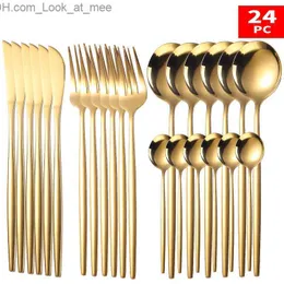 24 pcs Conjunto de Louça de Ouro Conjunto de Talheres de Aço Inoxidável Faca Garfo Colher Talheres Conjunto de Talheres Conjunto de Luz Brilhante Q230828