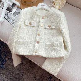 Kurtki damskie Chic Tweed Coat żeńska elegancka kurtka z przycięcia szyi kobiety wiosna jesienna luksusowa kieszonkowa kieszonka biała odzież marna 230828