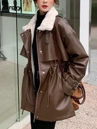 レディースレザーフェイクジャケットレディースコート冬の長袖ジッパージャケットが厚くなる暖かいポケットレースアップY2Kコート230828