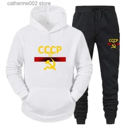 Kadınlar İki Parçalı Pantolon CCCP Rusya Harajuku Bahar 2022 Yeni Benzersiz Hoodie Baskılı Uzun Kol+Elastik Pantolon Spor giyim Moda Günlük Yün Kumaş T230828