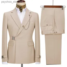 Beige dubbelbröst mens kostymer 2 stycken bältesdesign pant senaste design bröllop kostymer brudgummen prom tuxedos blazer set q230828