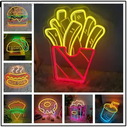 Fries Neon znak Hot Dog Hamburger Pizza Pizza Pączki LED Neon Lampy oświetlenia USB Party Restaurant Shop Kawaii Room Decor HKD230825