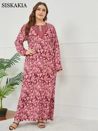 Jeans Siskakia Plus Size Maxi Kleider 2021 Frau Elegant ethnisch floral o Hals Langarm Lose lässige arabische Kleidung Viskose Baumwolle