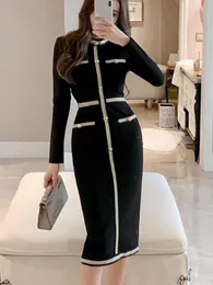 Basic Casual Dresses Fall Winter Highend Women Long Sleeve Corset Wrap Elegant Dress Ladies Pocket Design Vintage Black 230828