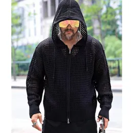 Men's Sweaters Y2K Mens Autumn Thin Style Black Knitted Sweater Jackets Cardigan Coats Man Hollow Out Plaid Zip Up Sweater Smoletons Masculinos 230828