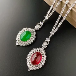 Pendant Necklaces EYIKA Vintage Oval Shape Lab Emerald Ruby Stone Fine Jewelry Red Chalcedony Baguette CZ Tennis Chain Necklace For Women