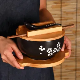 Bowls Japanese Ceramic Ramen Bowl With Lid Large Noodles Fruit Soup Kitchen Tableware Bring Wooden Spoon Chopstick Eco-Friendly