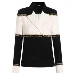 Women's Jackets 0425 S-XL High Quality Woolen Fabric Black And White Stitching Gold Thread Lapel Long Sleeve Pocket Button Woman Jacket