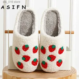 Chinelos ASIFN Novo Bonito Strberry Chinelos Fluffy Faux Fur Plush House Shoes Mulheres Feminino Comfy Home Flat Slip-on Slides Chaussure Femme T230824