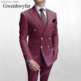 Gwenhwyfar Double Breadsed Men Suit Burgundy Две штуки Slim Fit Swarding Come Part Prom Gold Button Suits Q230828