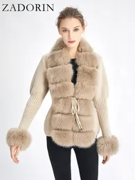 Womens Fur Faux Zadorin Fall Winter Women Coat Luxury Sticked tröja Cardigan Löstagbar krage Vita rosa jackor 230828